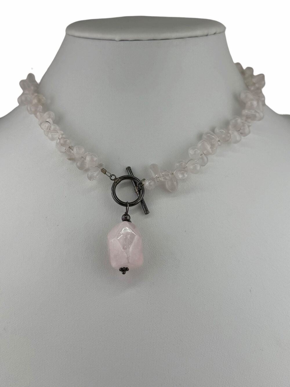 Rose Quartz Beaded Sterling Silver Toggle Clasp Necklace 16.5"